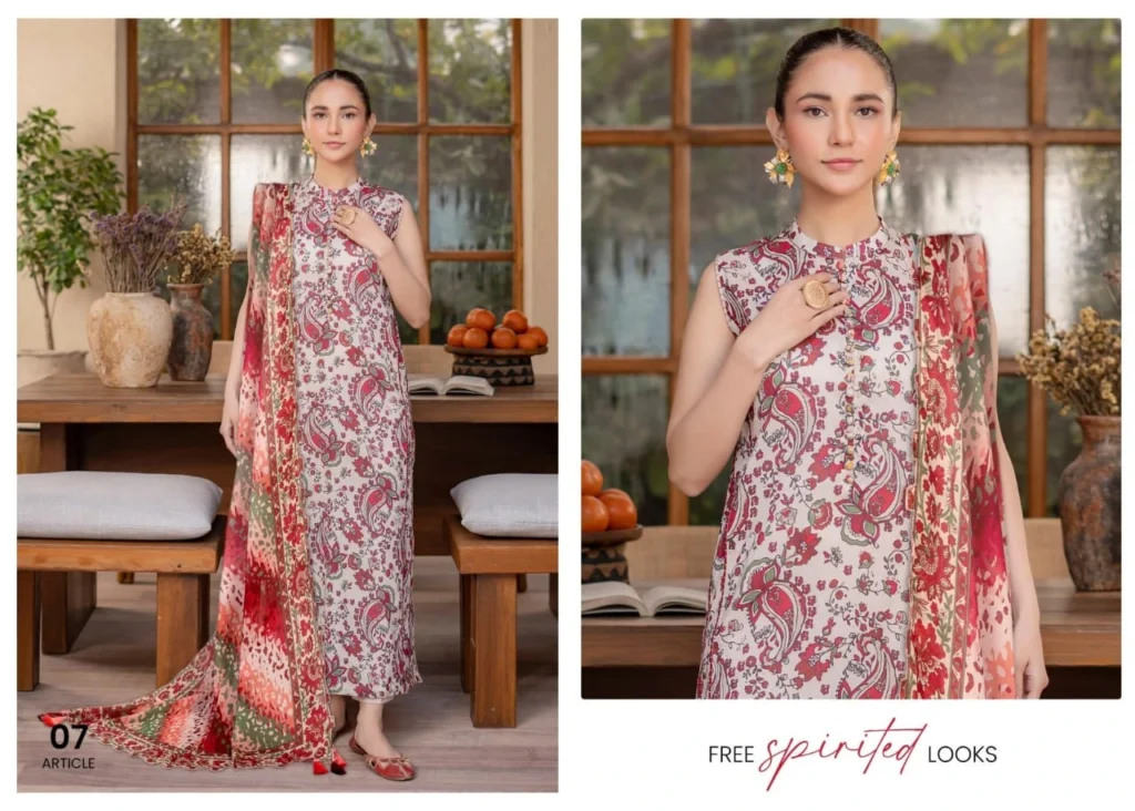 "Close-up of digital printed lawn shirt &ndash; BIYA by GJ unstitched collection &ndash; vibrant summer 2025 prints" "Pure lawn dupatta with digital print &ndash; BIYA luxury lawn suit &ndash; soft summer fabric for women" "Dyed cambric trouser fabric &ndash; breathable & soft &ndash; part of BIYA by GJ unstitched lawn 3PC set" "Complete unstitched fabric layout &ndash; shirt, dupatta, and trouser of BIYA by GJ luxury lawn suit"