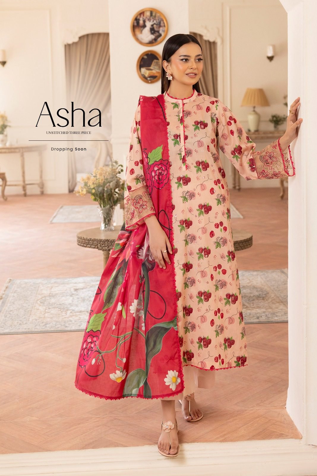 Asha Embroidered Lawn Suit ( Red) Asha Embroidered Lawn Suit ( Red)