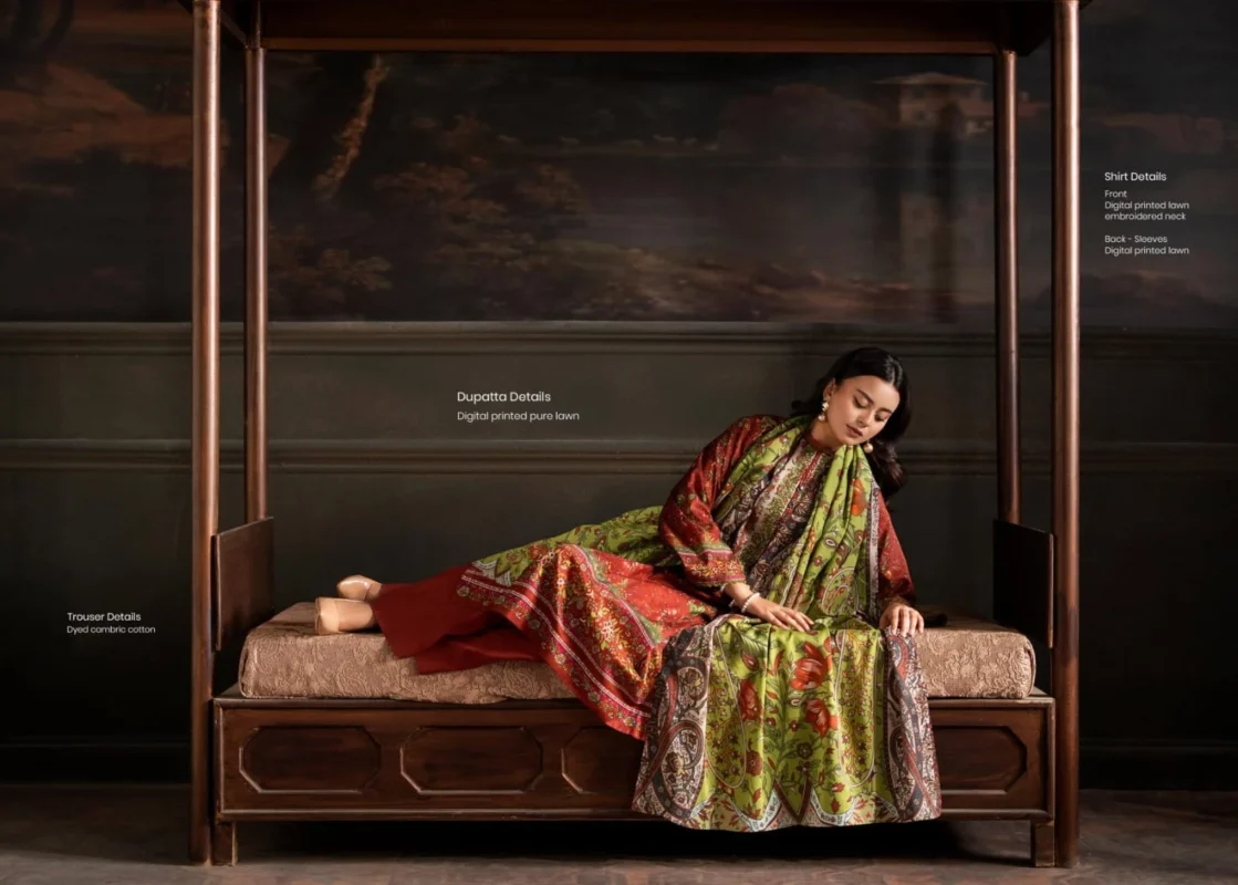 Designer green embroidered lawn shirt with printed dupatta and dyed trouser Guljee 3PC lawn suit for ladies Pakistan